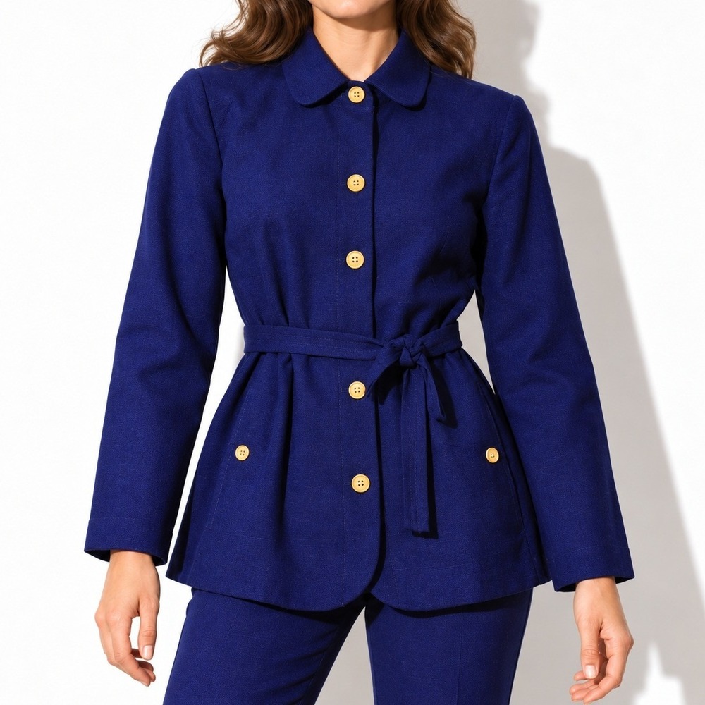 70s Vintage Belted Shirt Jacket Womens 8 Navy Blue Textured Minimalist Mod Top